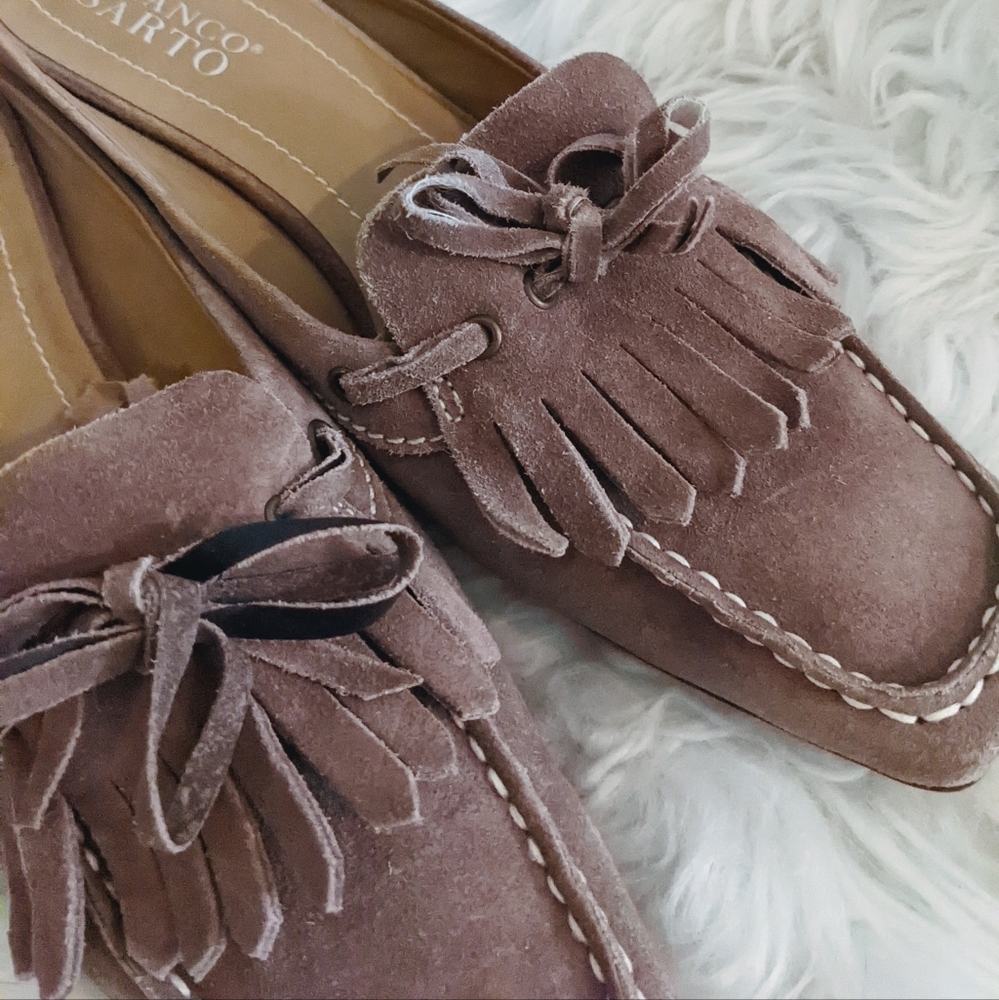 Franco Sarto Dusty Lilac Suede Fringe Kitten Heel Mules 8 - Picture 2 of 7